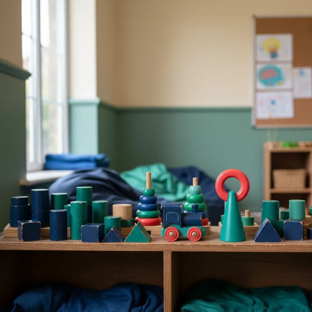 A shelf of colourful children's toys — wooden blocks, stacking rings and a toy train — in a warm community room